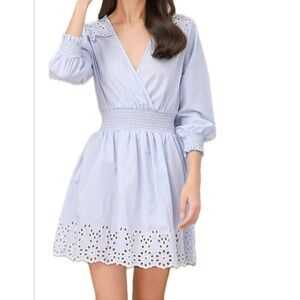 Zara Blue Embroidered Summer Long Sleeve Mini Dress. S